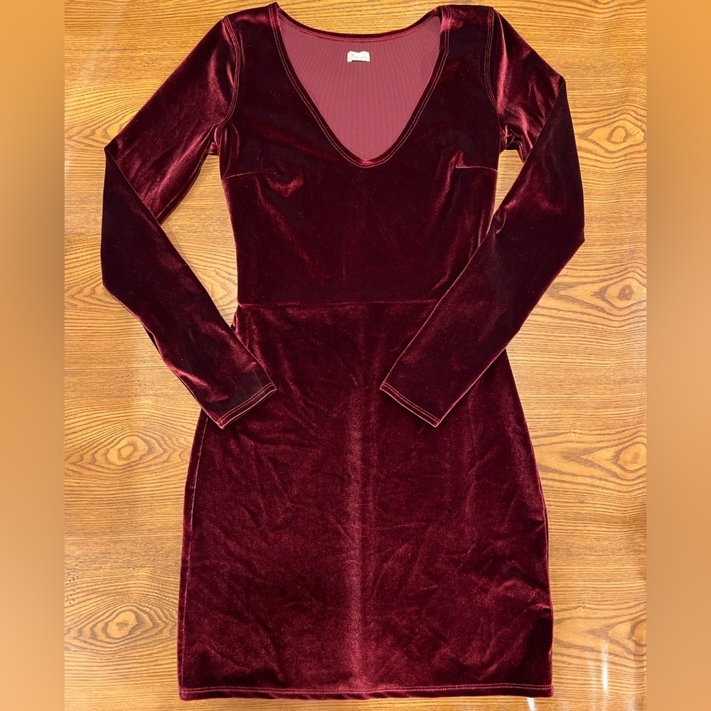 Hollister Velvet Long Sleeve Dress in Deep Red